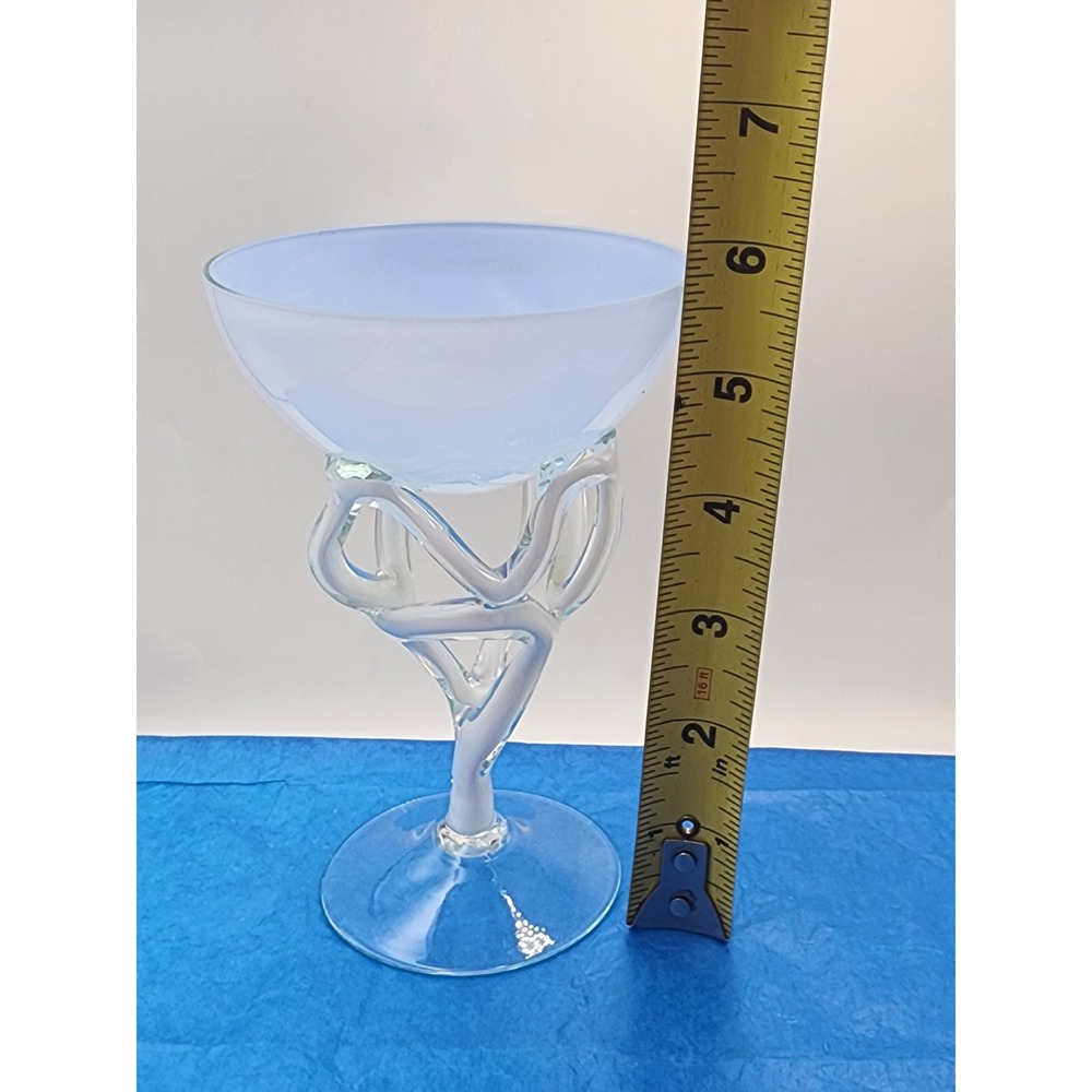 Artisan Hand Blown Frosted Blue Glass Coupe Abstract Sculptural Stem Compote - Picture 5 of 7